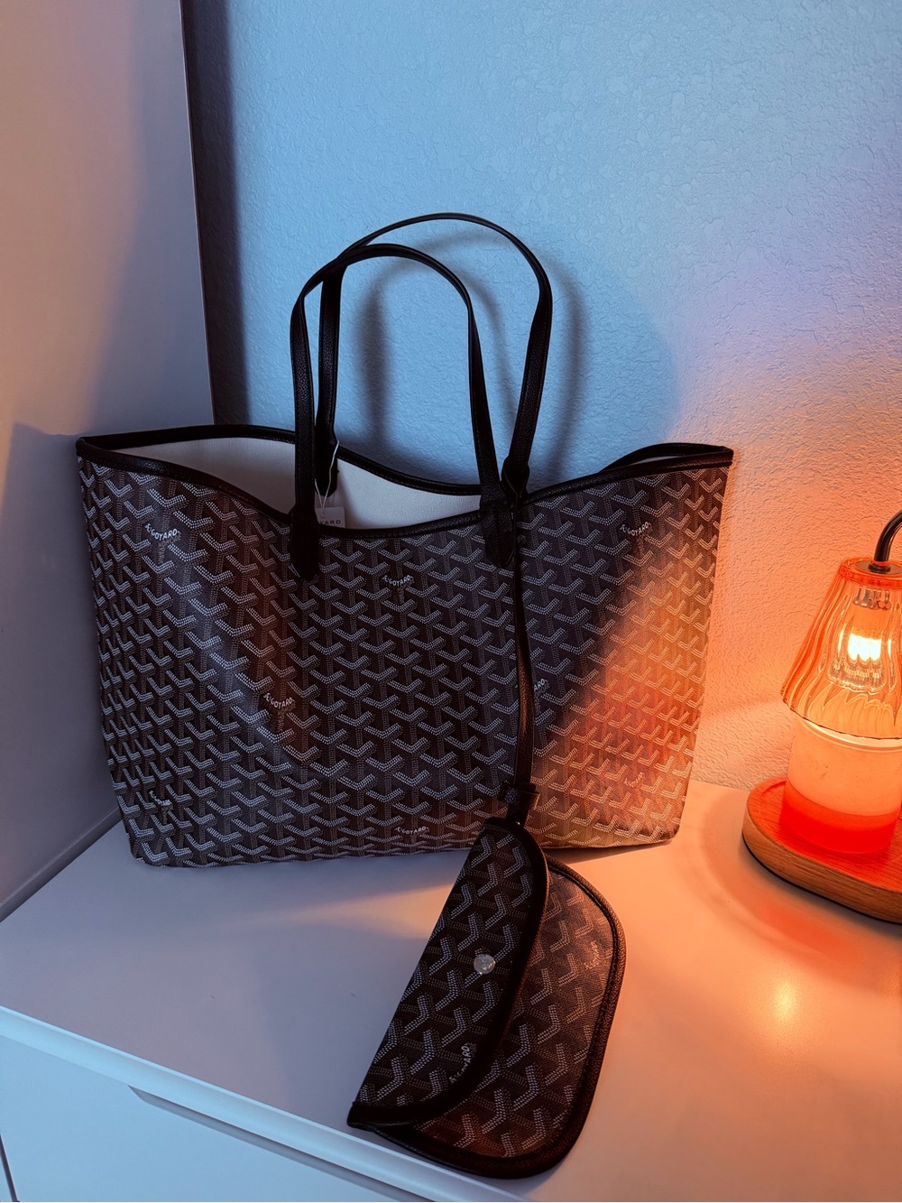 Black Patterned Tote Bag with Matching Pouch